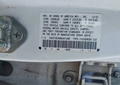 2008 Honda Accord 2.4 Lx z USA, uszkodzony, nr VIN 1HGCP26368A061298